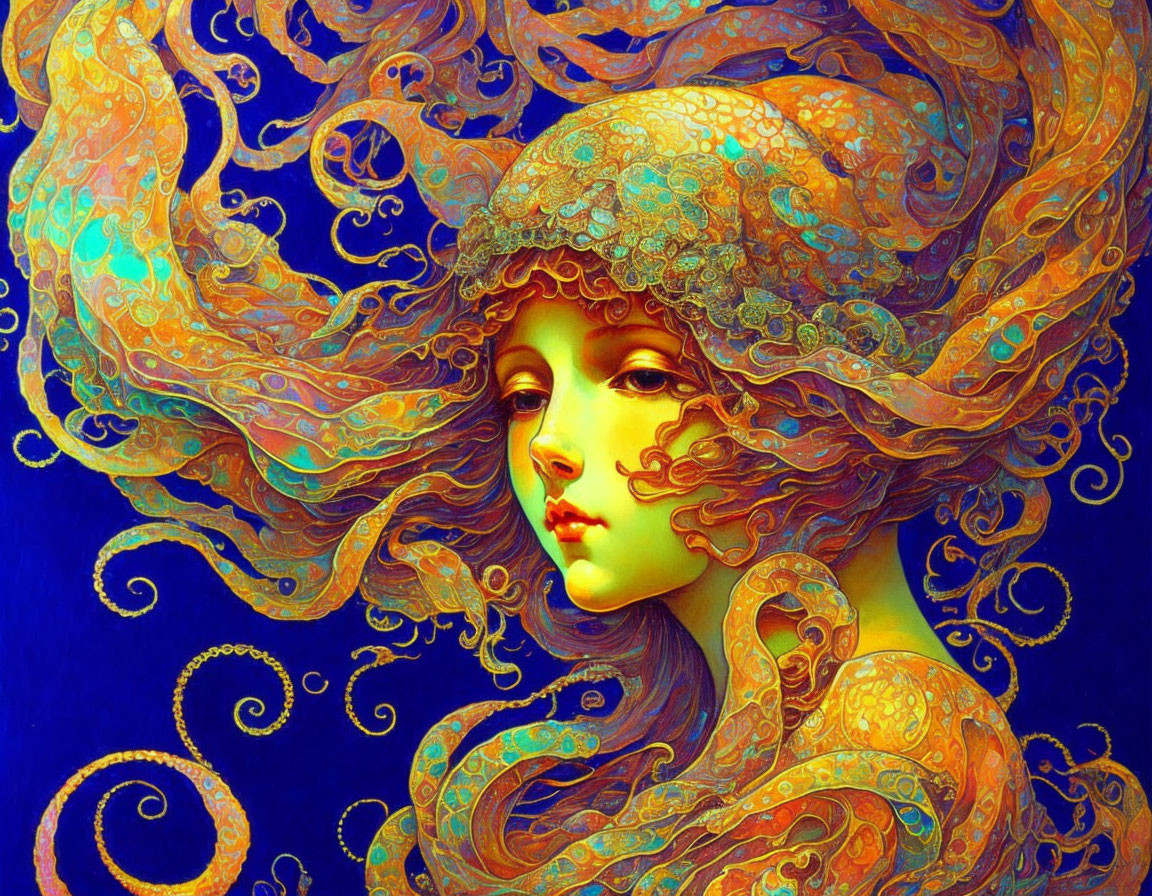 Colorful artwork of woman with ornate hair in blue, orange, and gold hues