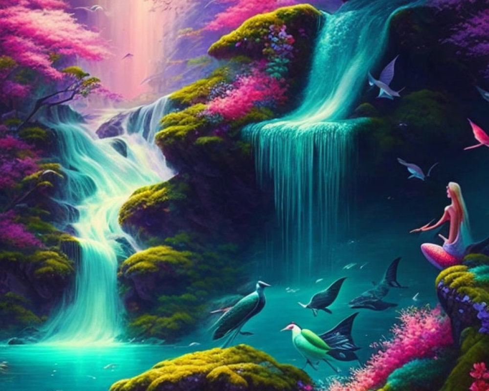 Colorful Fantasy Scene: Waterfall, Mermaid, Hummingbirds in Magical Forest