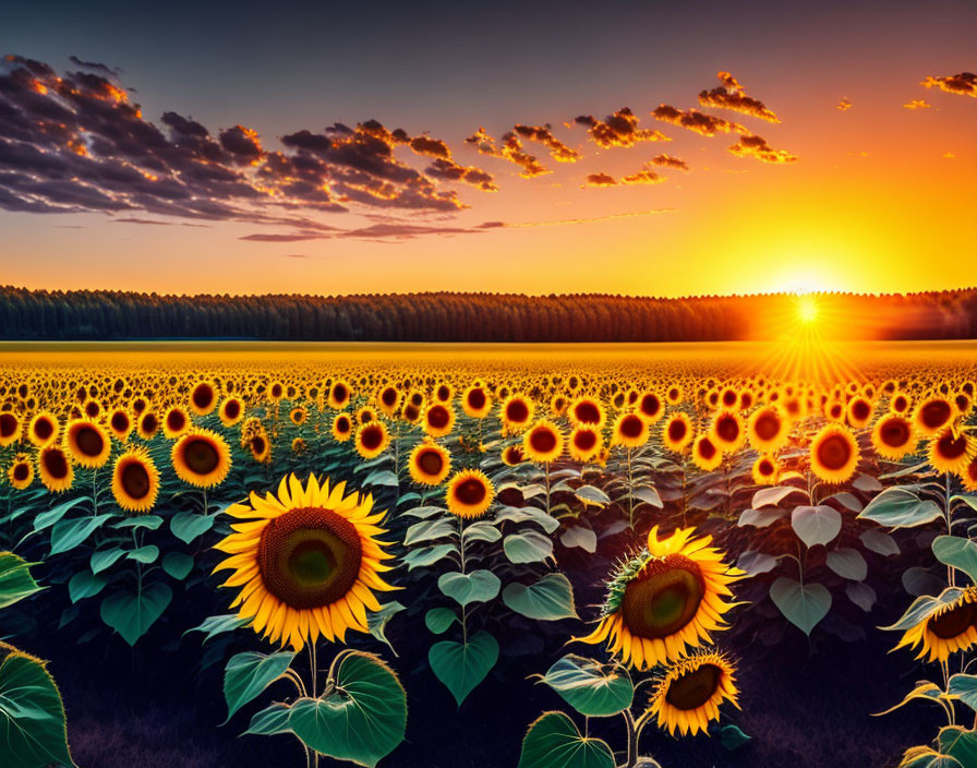 Vibrant sunset over sunflower field with warm sunlight and treeline horizon