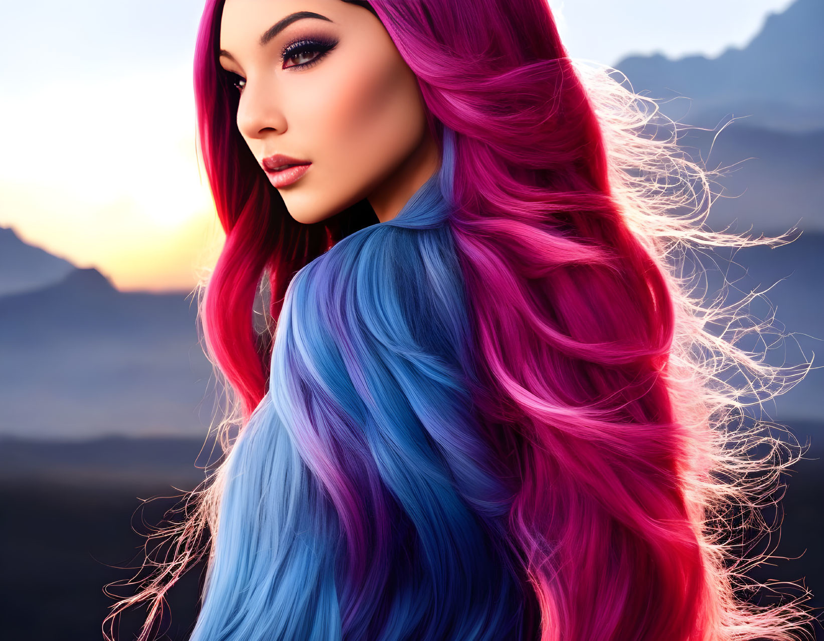 Vibrant pink and blue hair woman in mountainous sunset scene