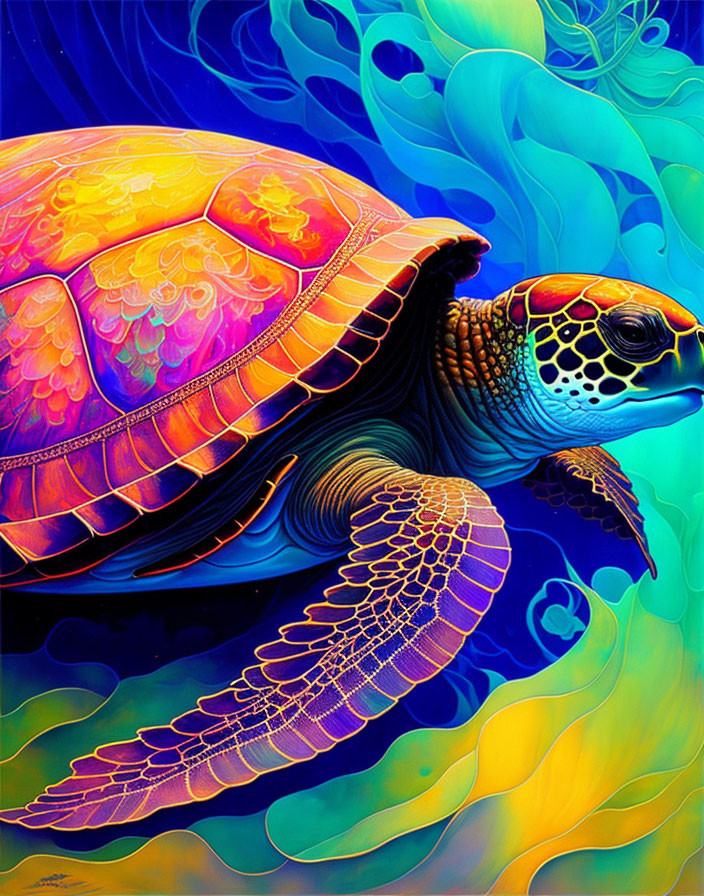 Colorful Sea Turtle Illustration with Vibrant Shell and Swirling Background