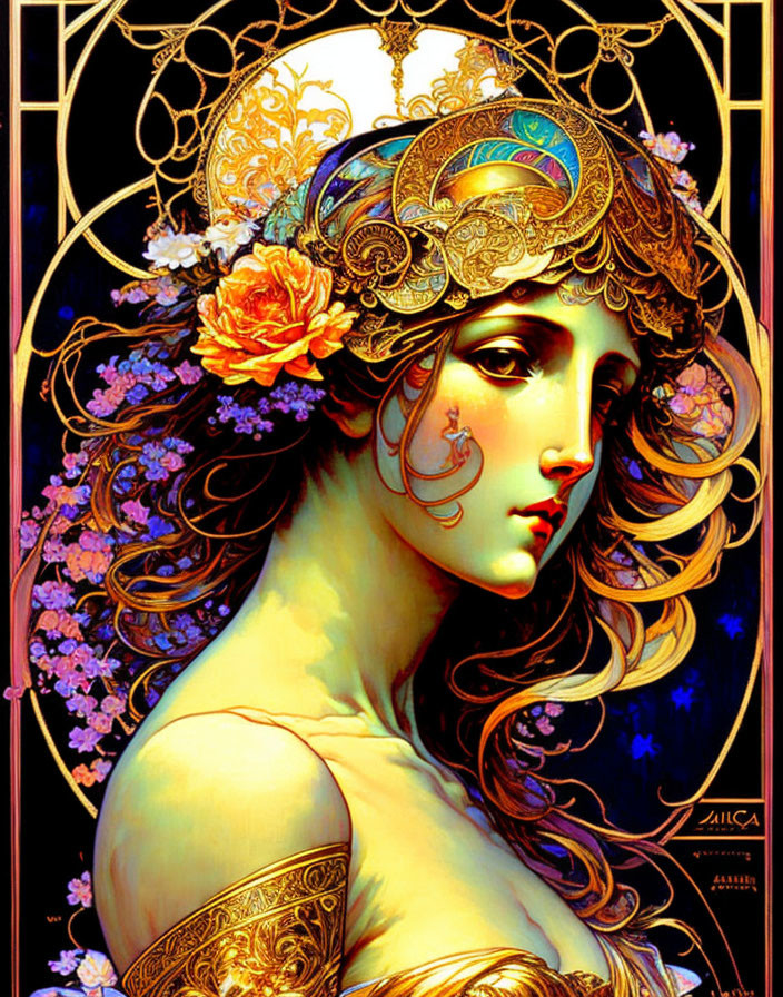 Art Nouveau-style illustration of woman with gold headgear and floral motifs