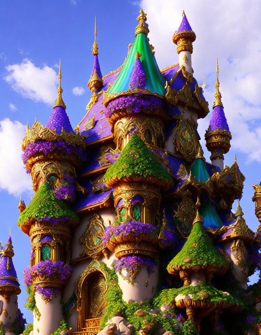 Whimsical castle with purple vines and golden accents