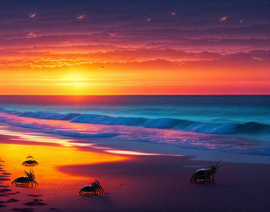 Beach sunset with orange and purple hues, reflections, silhouetted birds, and crabs