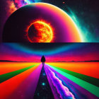 Cloaked figure near vibrant neon vortex in surreal landscape