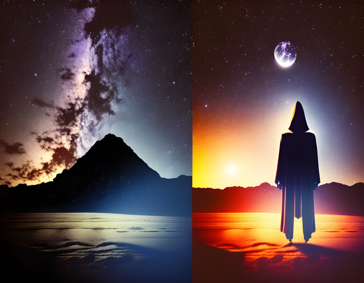 Split composition: Starry night sky and Milky Way above mountain contrasted with cloaked figure, sunset