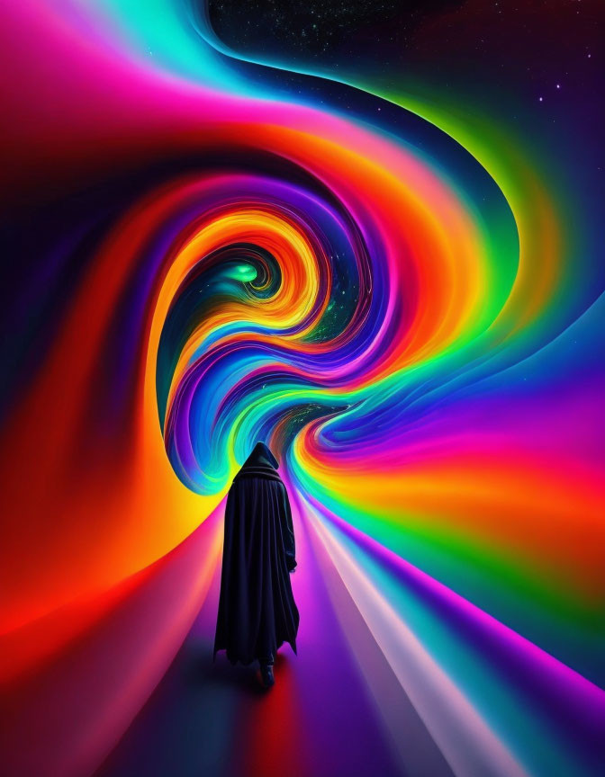 Cloaked figure near vibrant neon vortex in surreal landscape