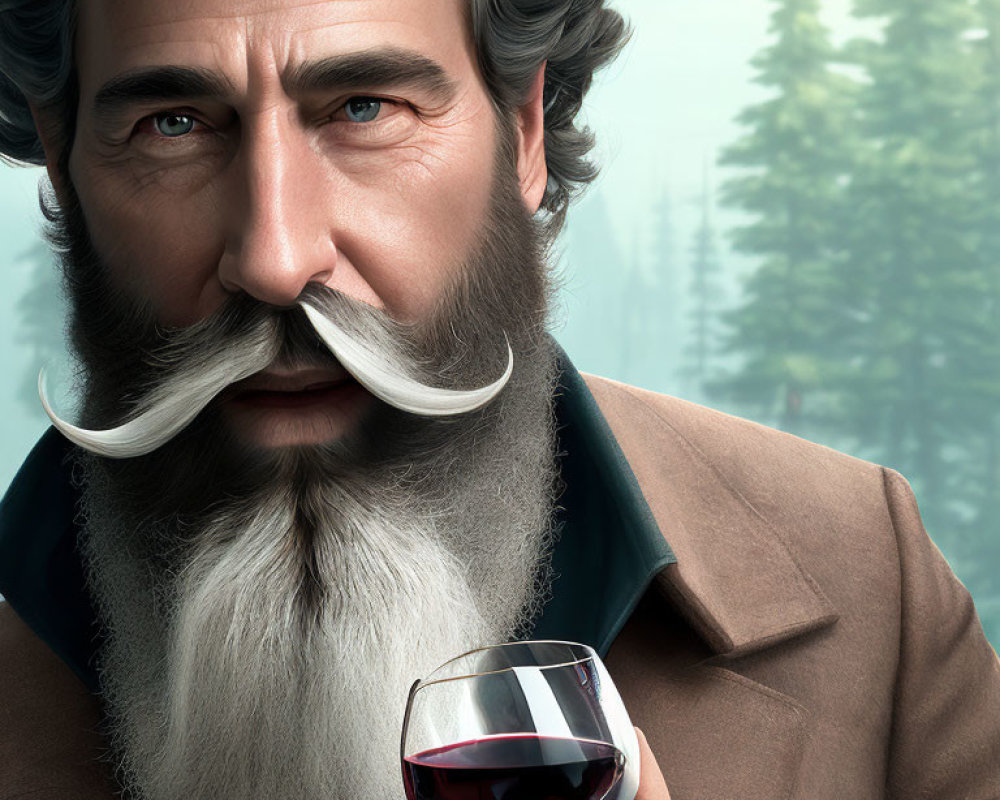 Bearded man holding red wine glass in forest setting