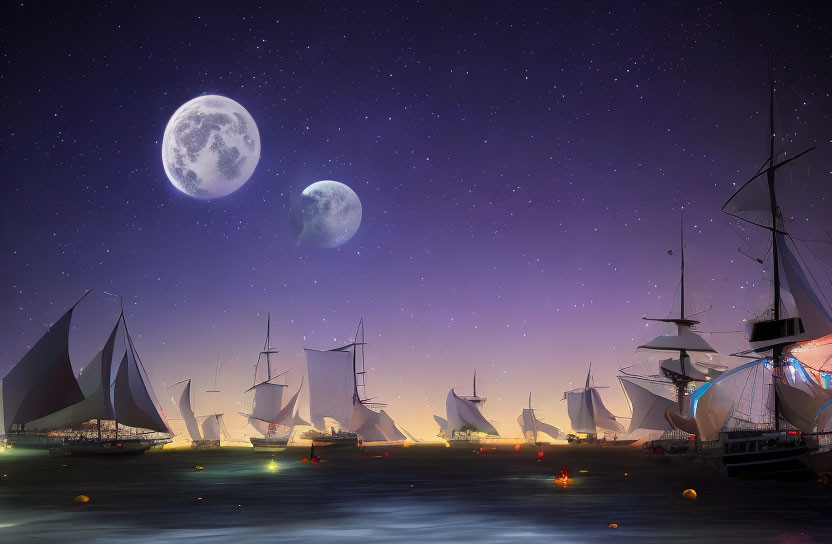 Twilight harbor scene with sailboats under starry sky and two moons