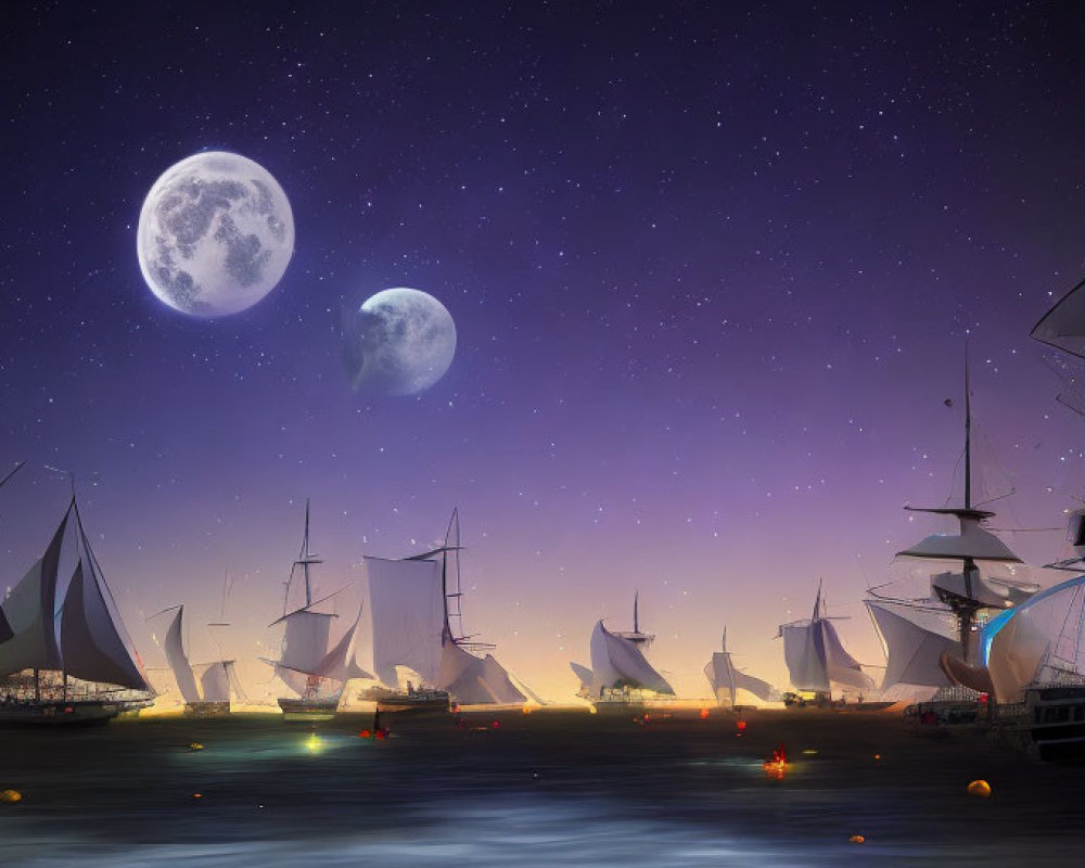 Twilight harbor scene with sailboats under starry sky and two moons