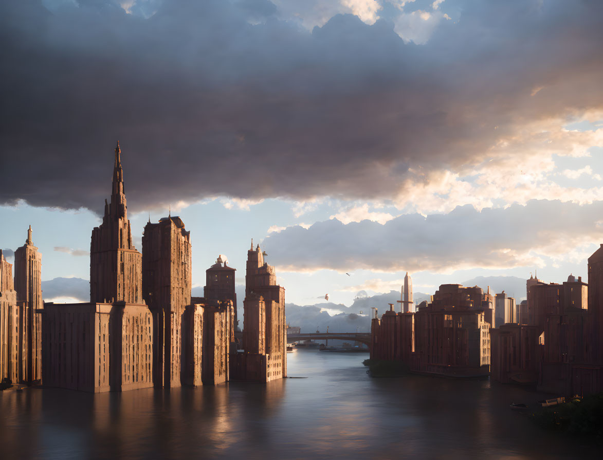 City skyline at sunset with golden light, skyscrapers, and river under dramatic sky