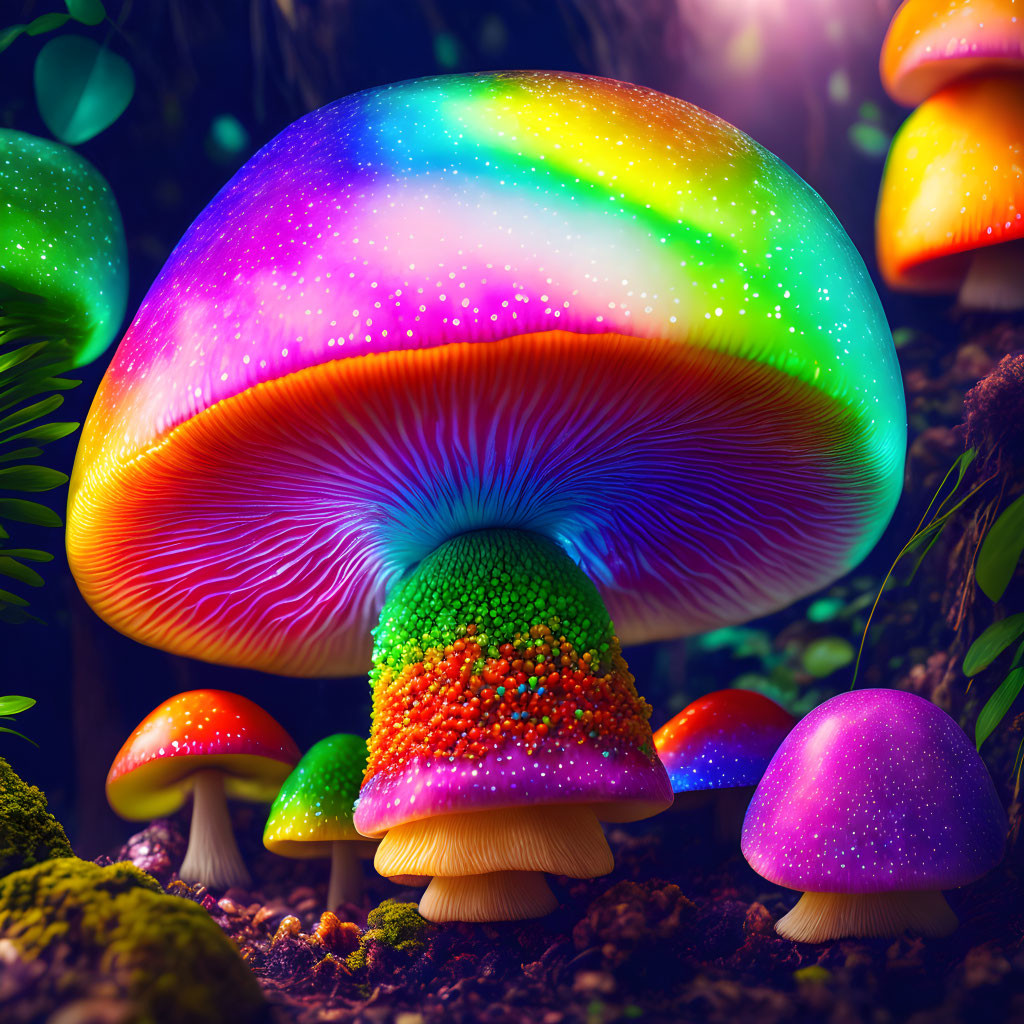 Multicolored Luminescent Fantasy Mushrooms in Mystical Forest