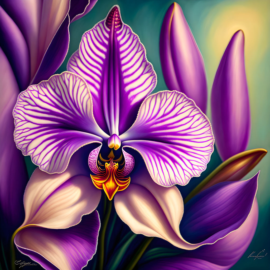 Detailed digital illustration of purple orchid with intricate patterns and greenery.