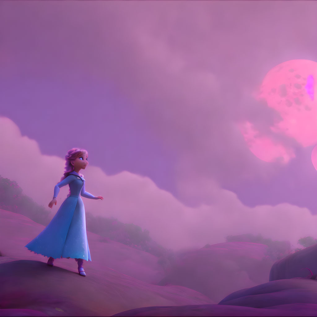 Animated female character in blue dress on rocky surface under purple sky with pink celestial body