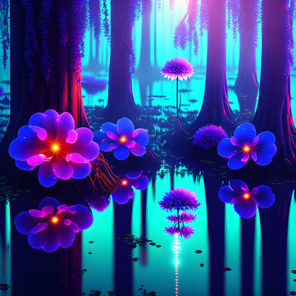 Mystical forest with neon flowers, blue water, purple trees