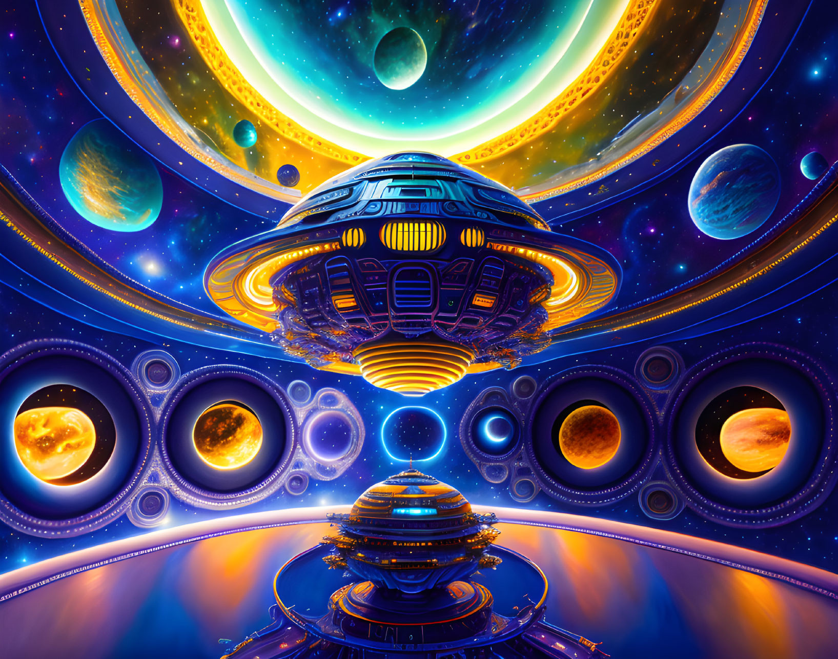 Colorful Sci-Fi Scene: Futuristic Spaceship in Vibrant Universe