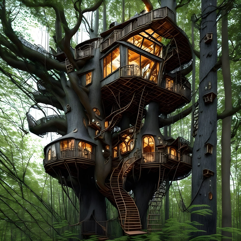 Multi-level treehouse in dense forest with warm lights, balconies, & staircases