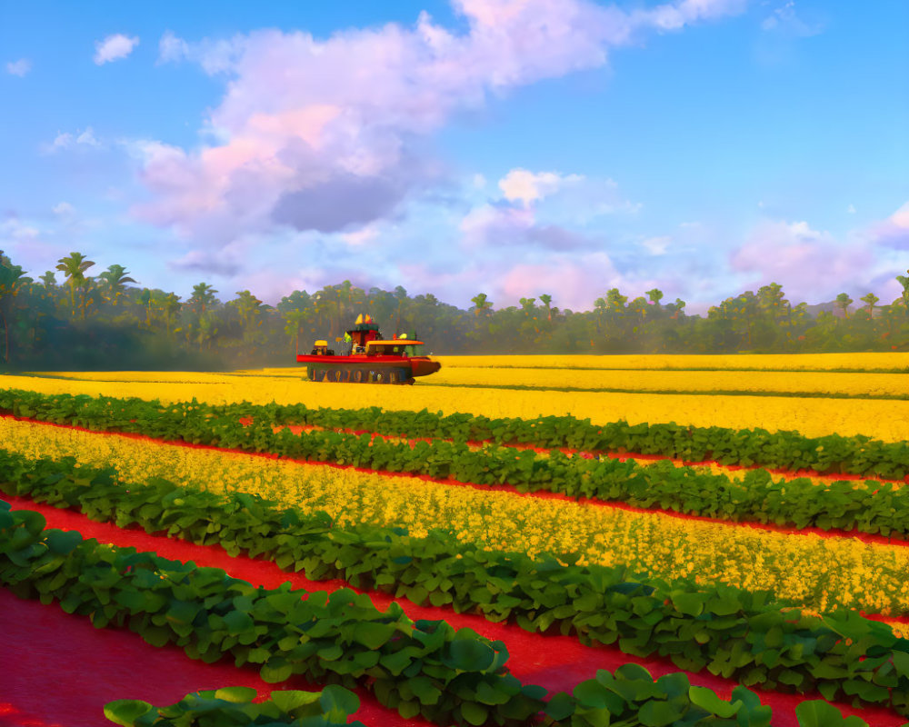 Vibrant farm scene: tractor harvesting crops in green and red rows