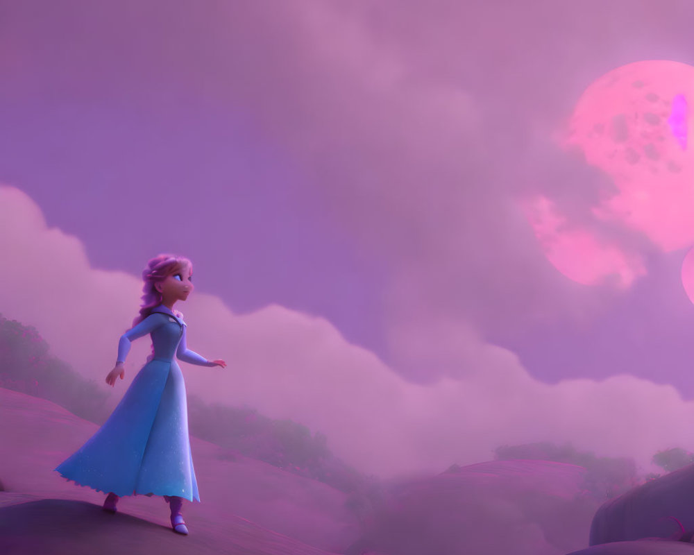 Animated female character in blue dress on rocky surface under purple sky with pink celestial body