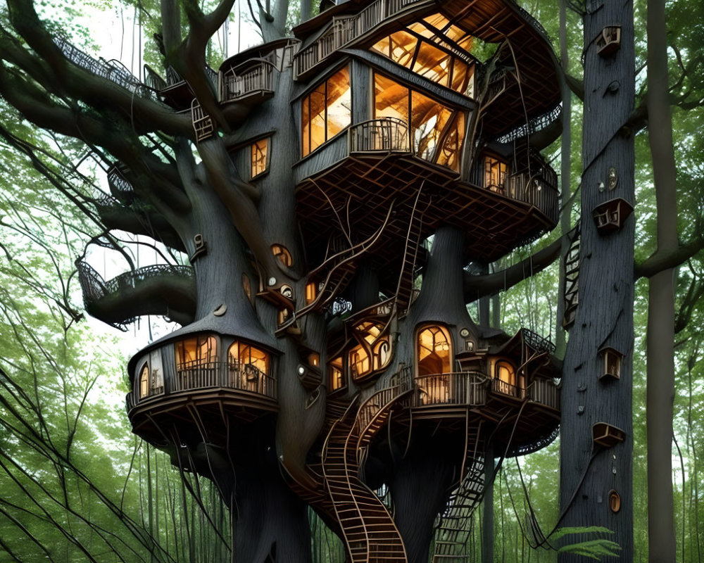 Multi-level treehouse in dense forest with warm lights, balconies, & staircases