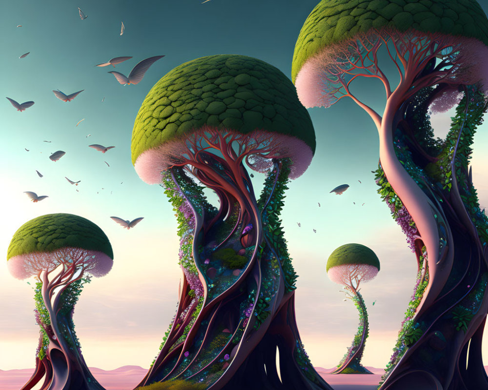 Majestic fantasy landscape with towering mushroom-like trees and intricate trunks