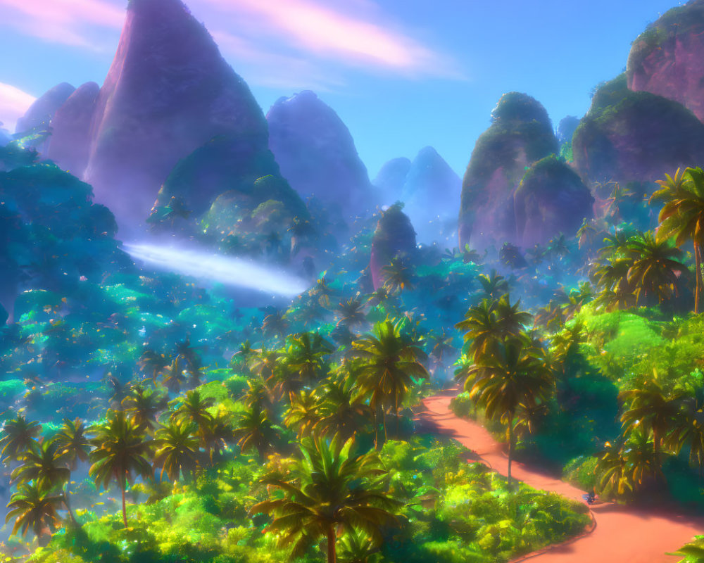 Tropical Forest Landscape with Misty Peaks and Dirt Path