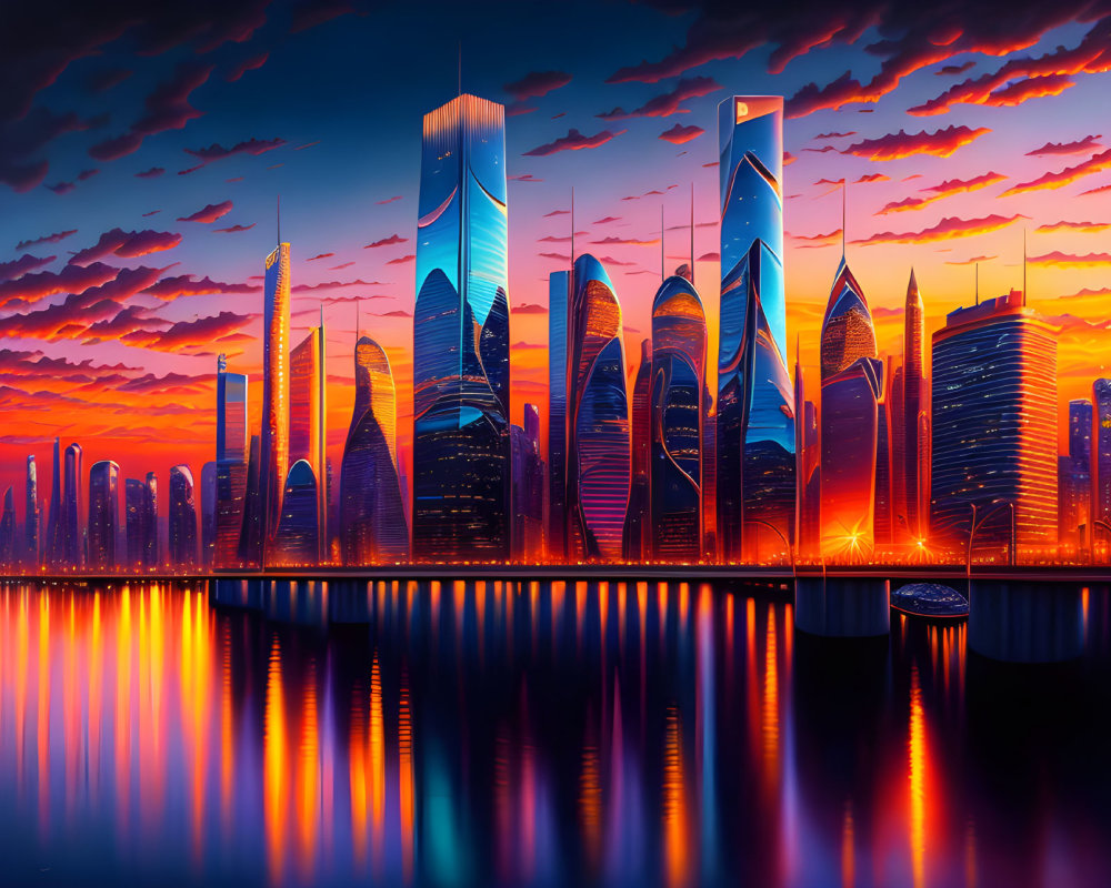 Futuristic cityscape at sunset with skyscrapers reflecting on water