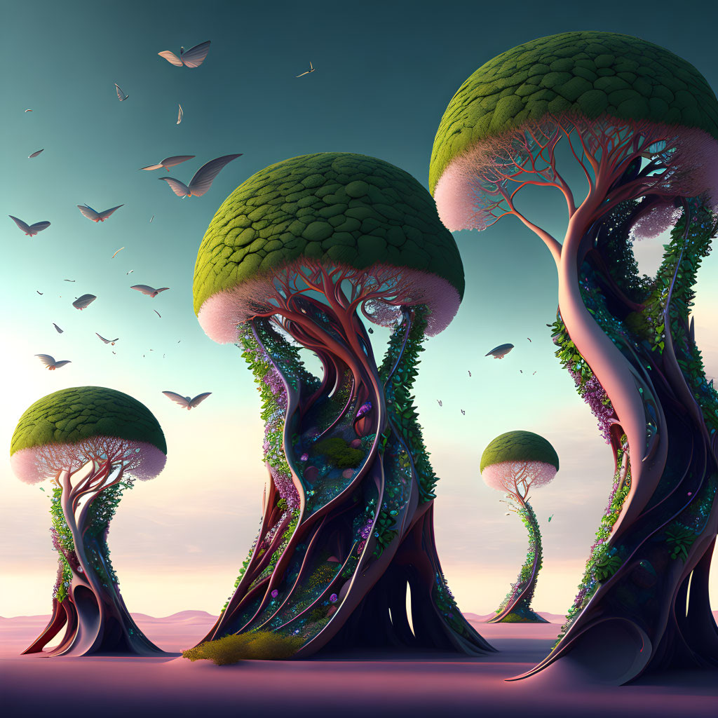 Majestic fantasy landscape with towering mushroom-like trees and intricate trunks