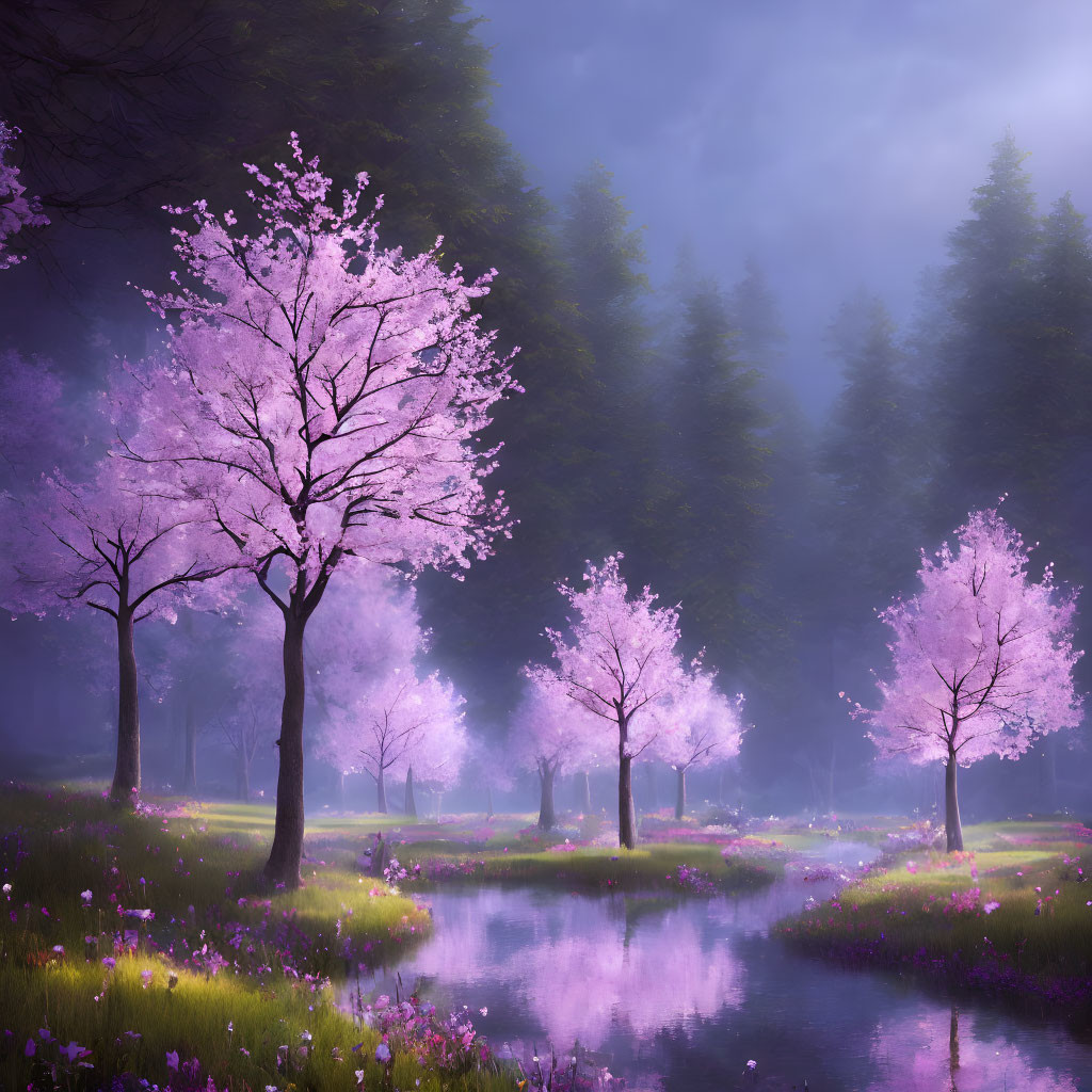 Tranquil Cherry Blossom Landscape by River in Mystical Forest