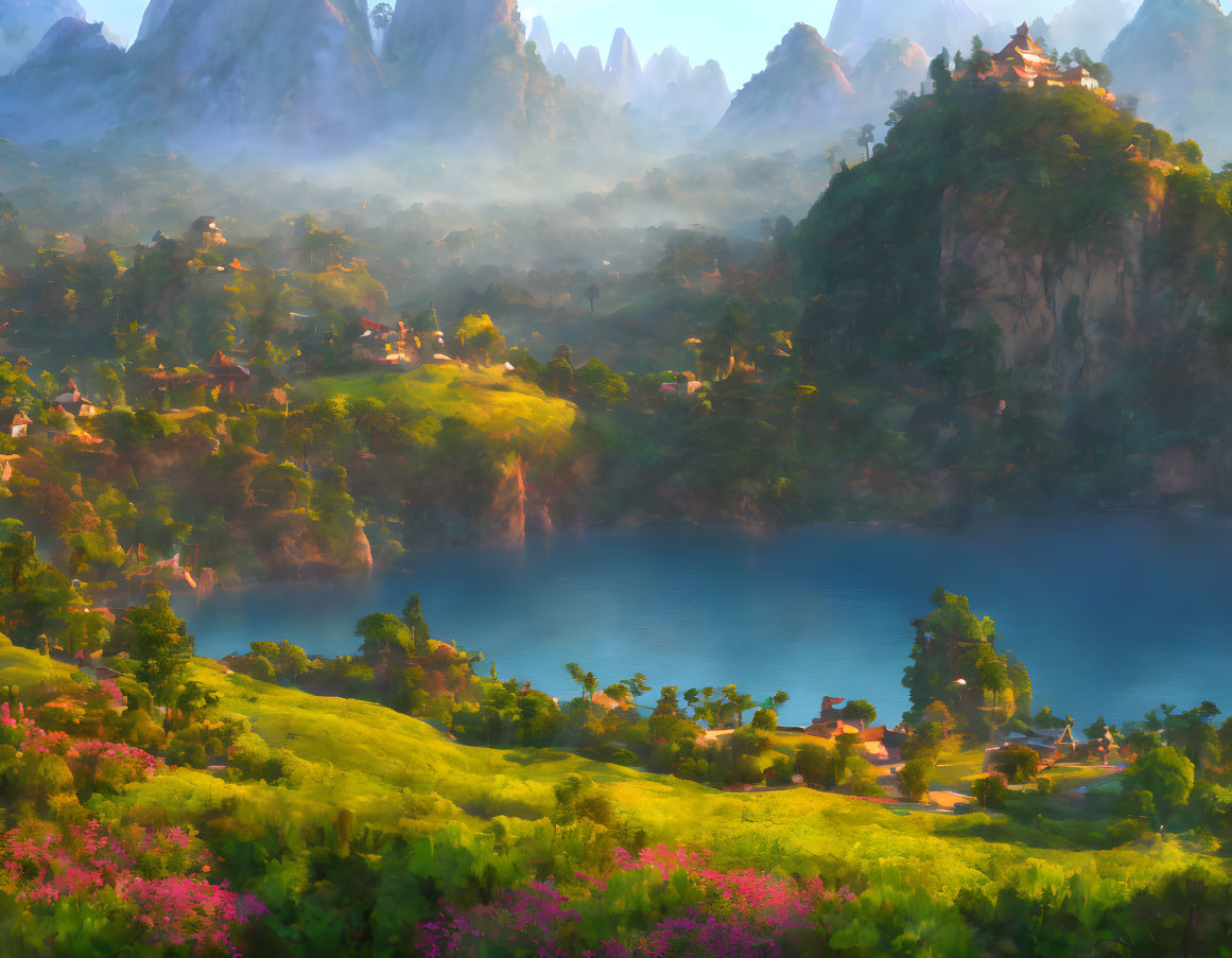 Tranquil landscape with lake, meadows, village, temple, and mountains