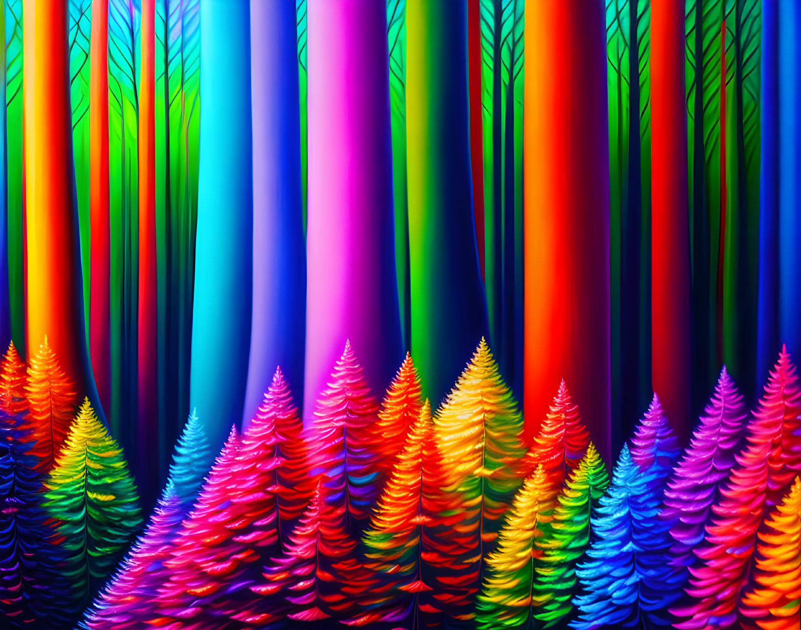 Colorful digital artwork: Vibrant forest with stylized trees in pink, blue, and green.