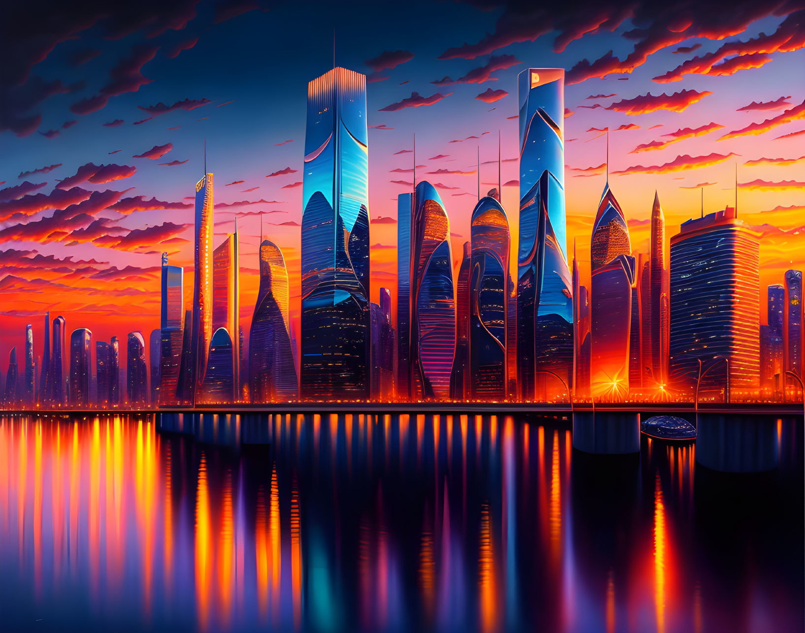 Futuristic cityscape at sunset with skyscrapers reflecting on water