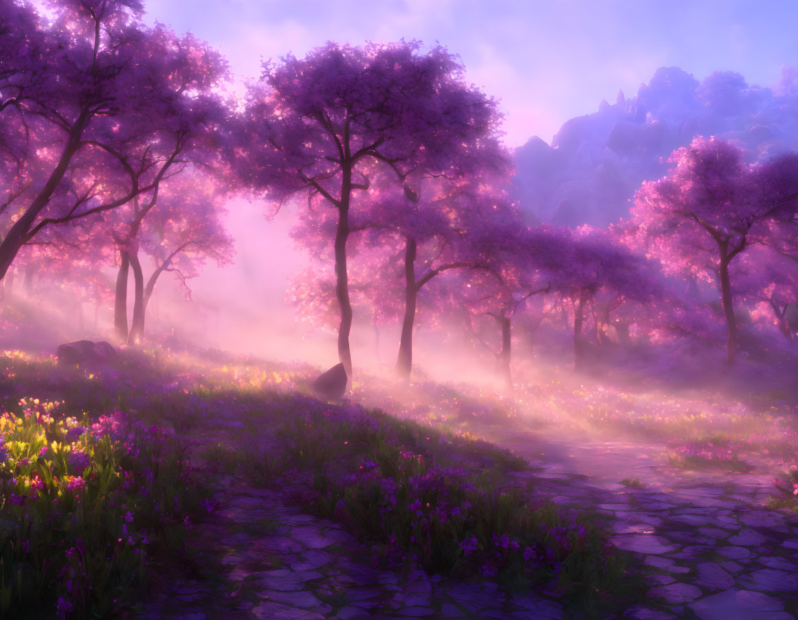 Tranquil digital artwork: Misty purple forest with cherry blossom trees