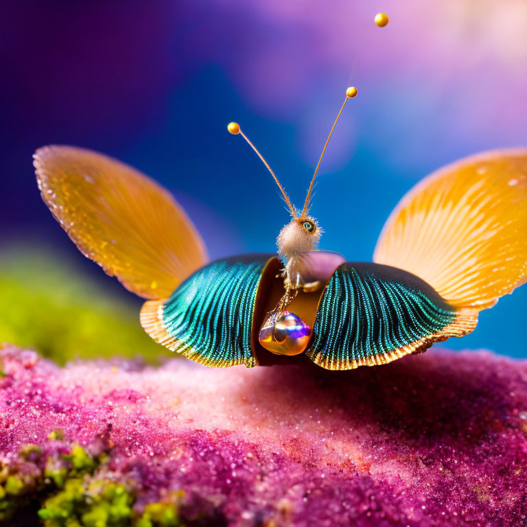 Colorful Butterfly on Pink Crystal with Droplets in Macro Shot