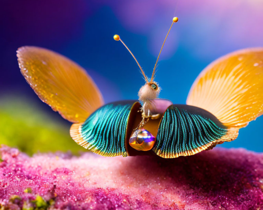 Colorful Butterfly on Pink Crystal with Droplets in Macro Shot