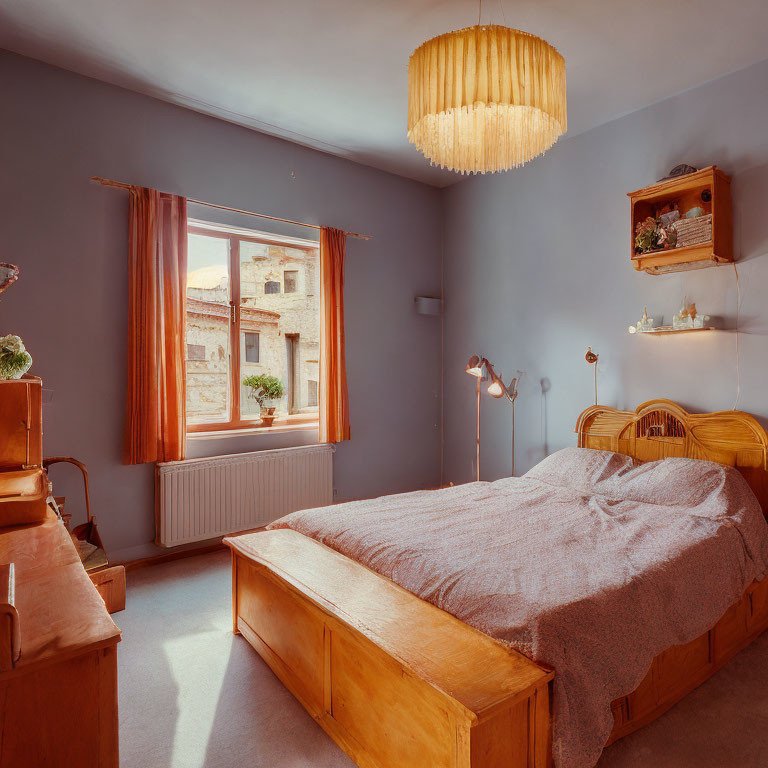 Wooden Bed with Beige Bedding & Burnt-Orange Curtains in Cozy Bedroom