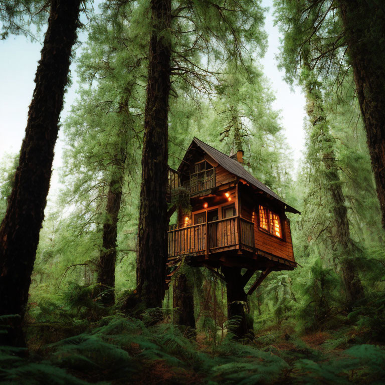 Cozy Treehouse with Lit Windows in Moss-Covered Forest