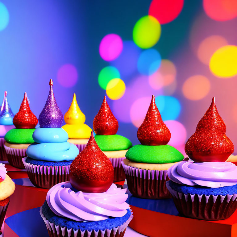 Vibrant Cupcakes with Sparkly Icing on Colorful Background