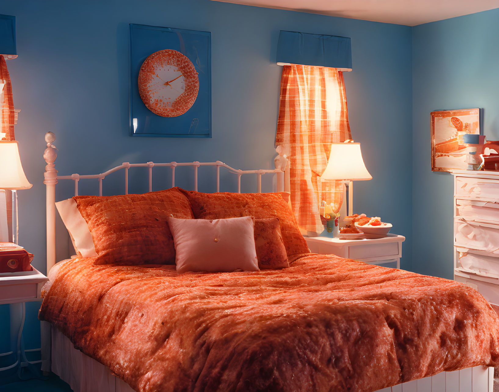 Blue and Orange Bedroom Decor with White Furniture and Warm Accents