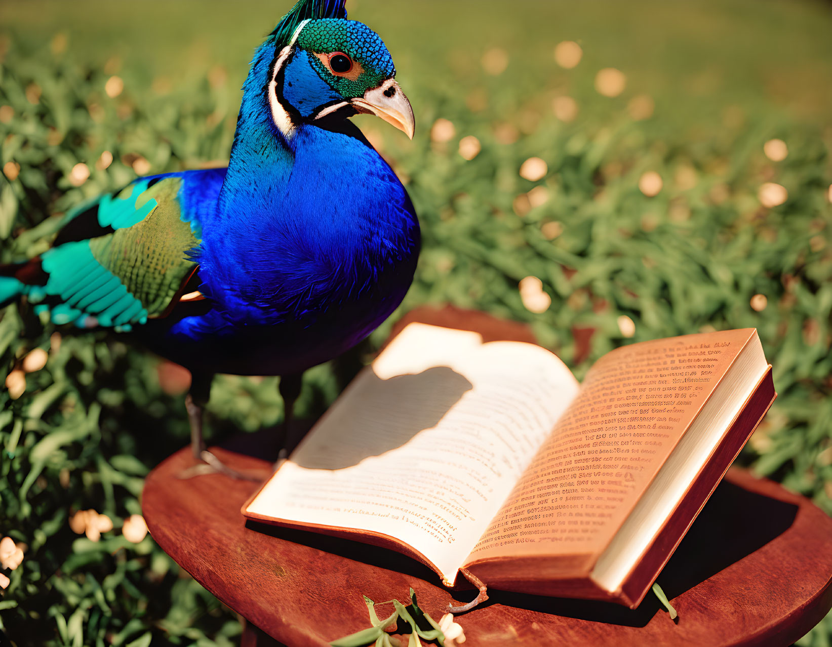 Colorful peacock on table with open book in nature scene