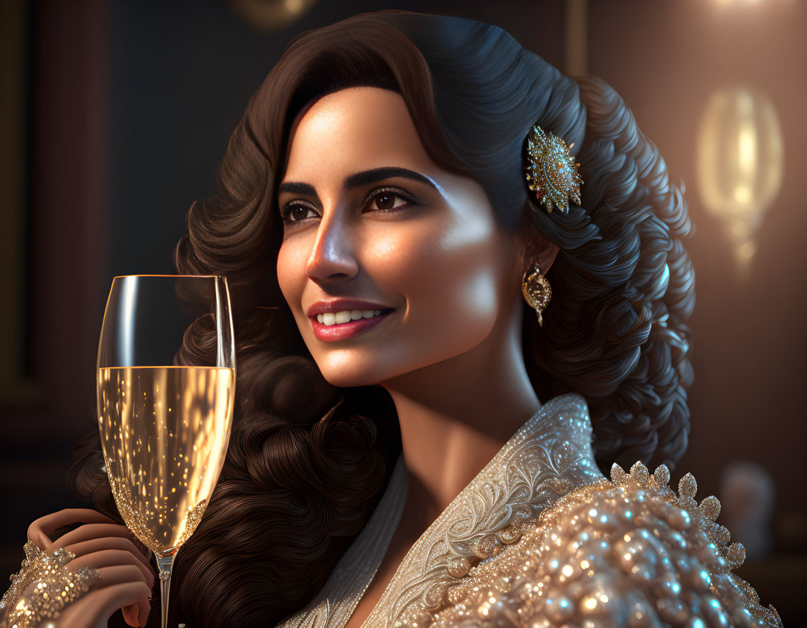 Smiling woman in elegant attire with champagne glass in luxurious setting