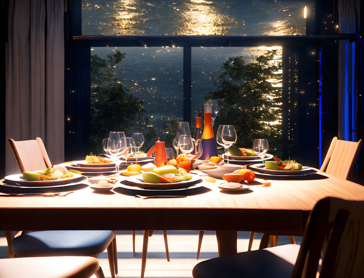 Nighttime dining table set with fruit plates and warm lighting by window with view.