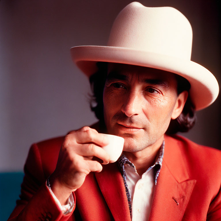 Man in Red Suit Sipping from White Cup on Colorful Background