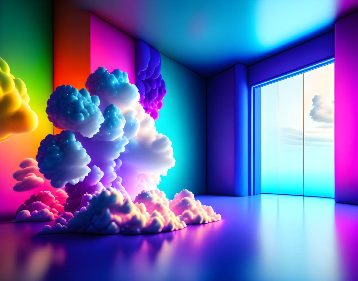 Colorful neon-lit room with stylized clouds and bright doorway