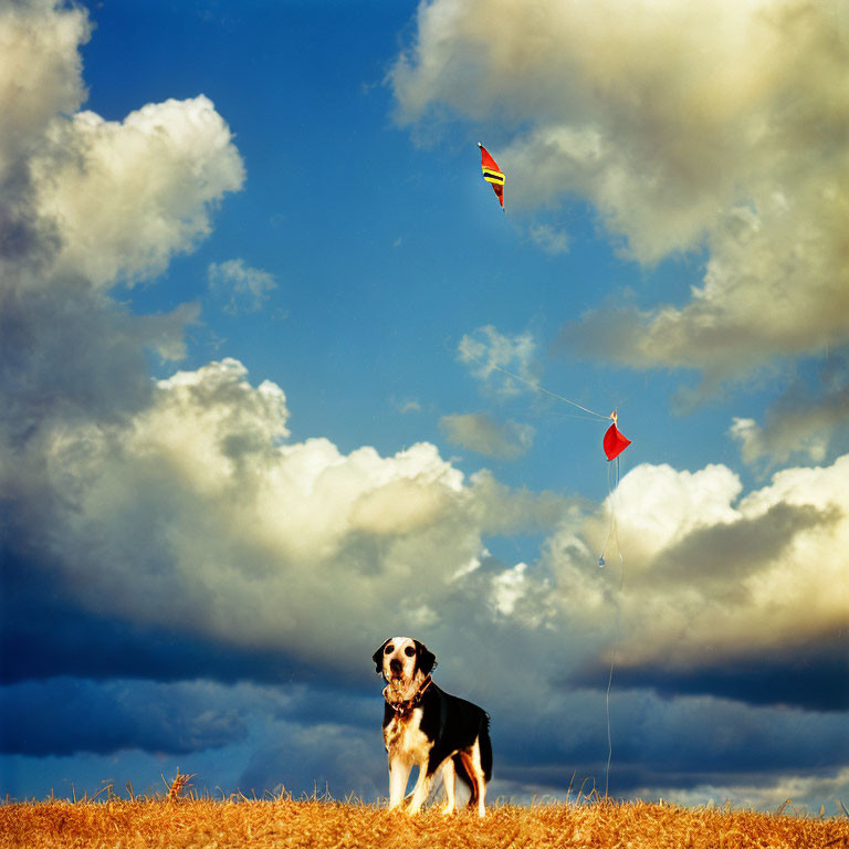 Dog sitting under dynamic sky watching colorful kite on hilltop