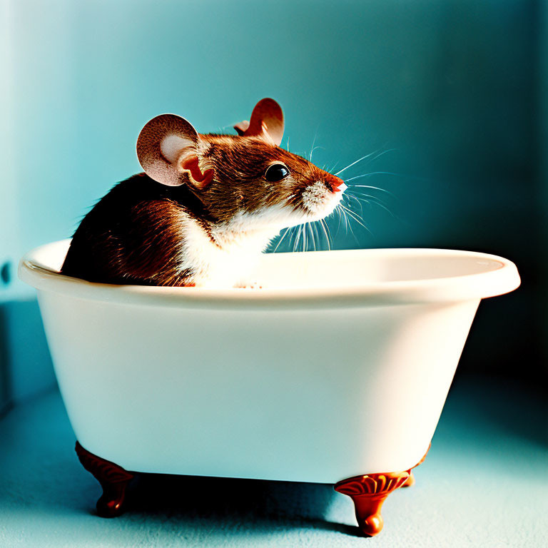 Mouse with Large Ears in Miniature White Bathtub Under Blue Lighting