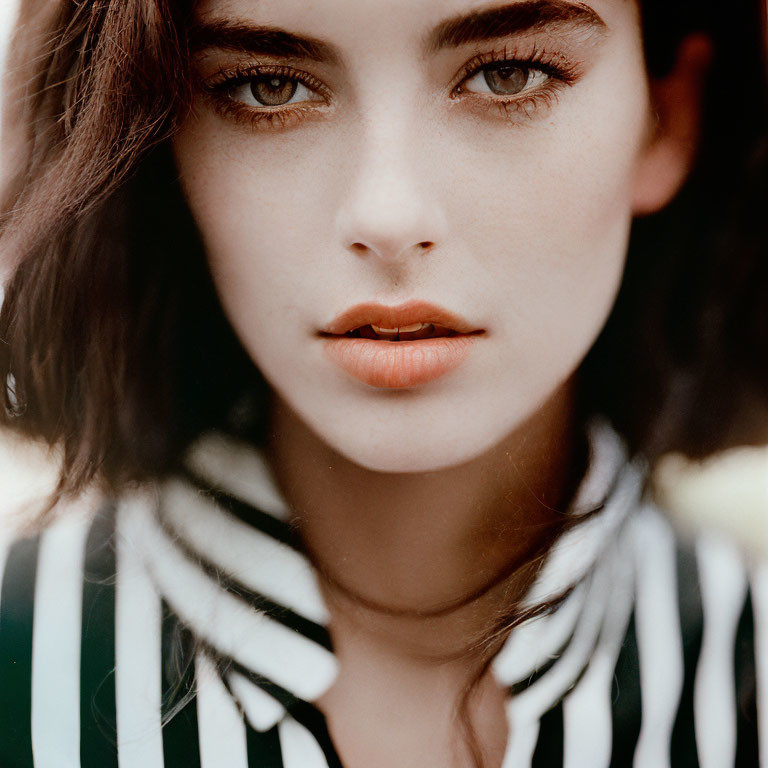 Woman with Striking Eyes and Bold Brows in Striped Shirt