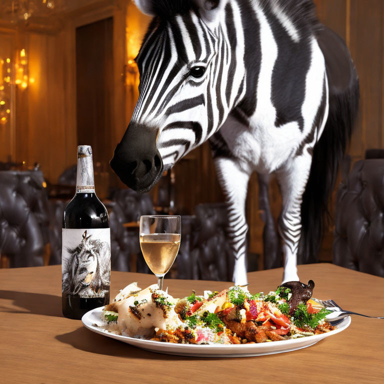 Zebra in elegant dining room with gourmet meal and wine bottle