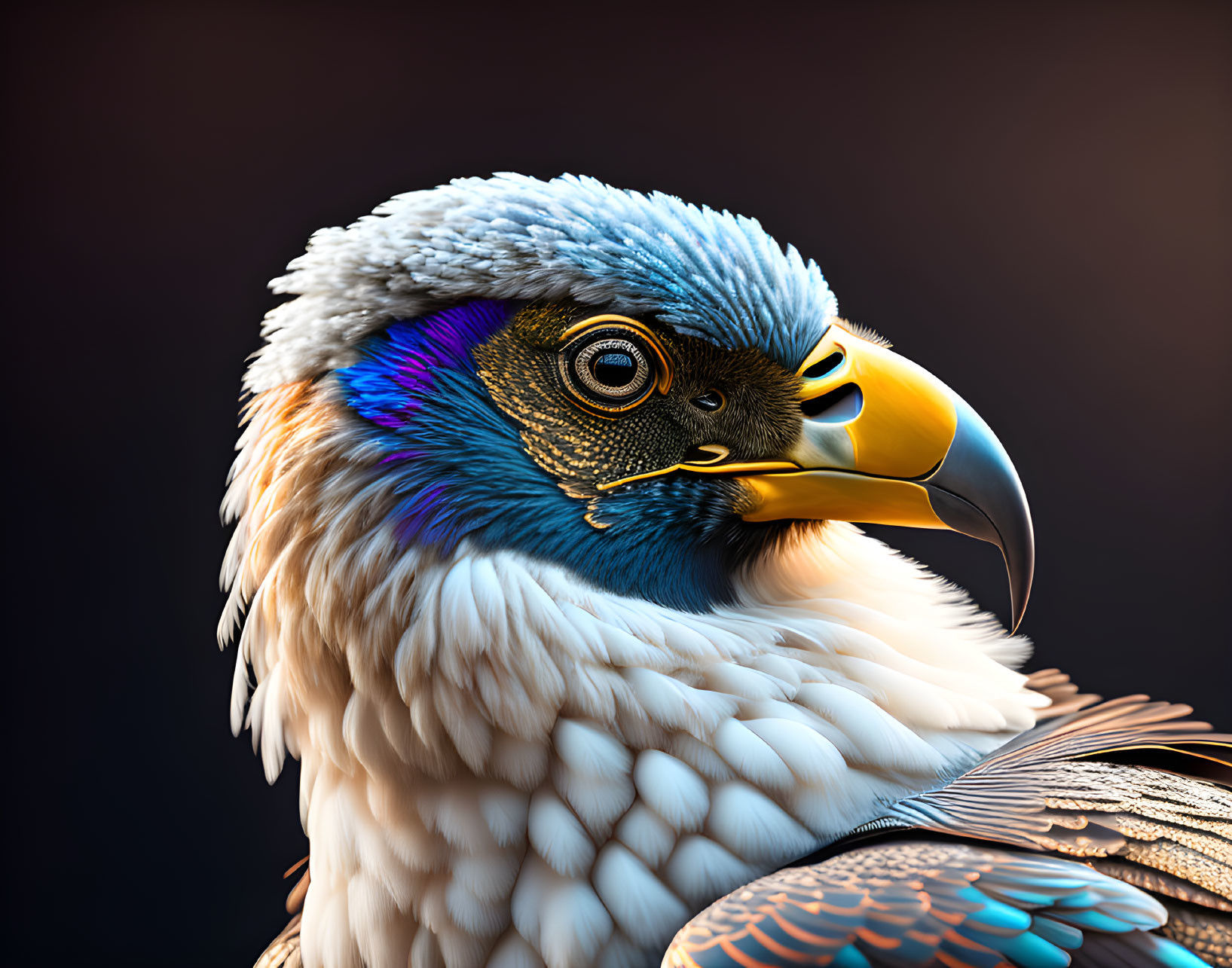 Colorful bird close-up: black head, white neck, vibrant blue eye, golden beak