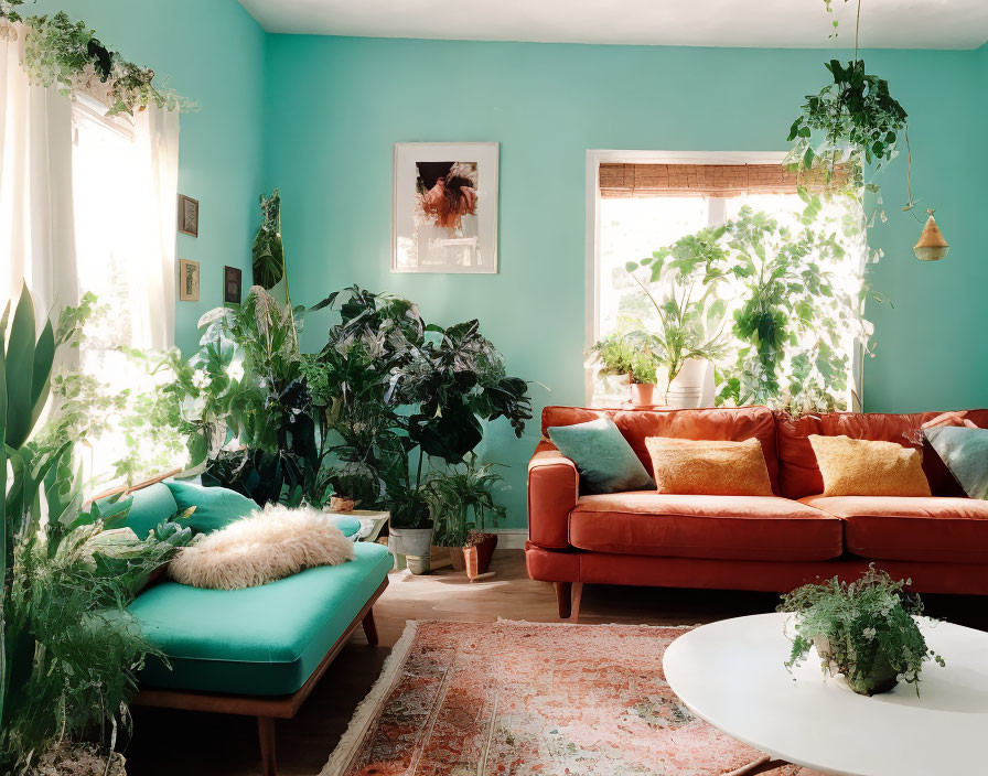 Teal Wall Living Room with Red Sofa and Plants